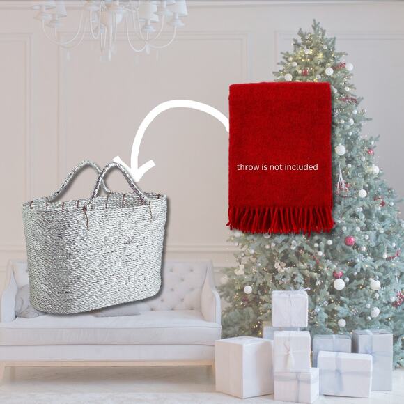 Vintage Other - Metallic Silver Holiday Hand-Woven Foil Natural Fiber Basket with Handles